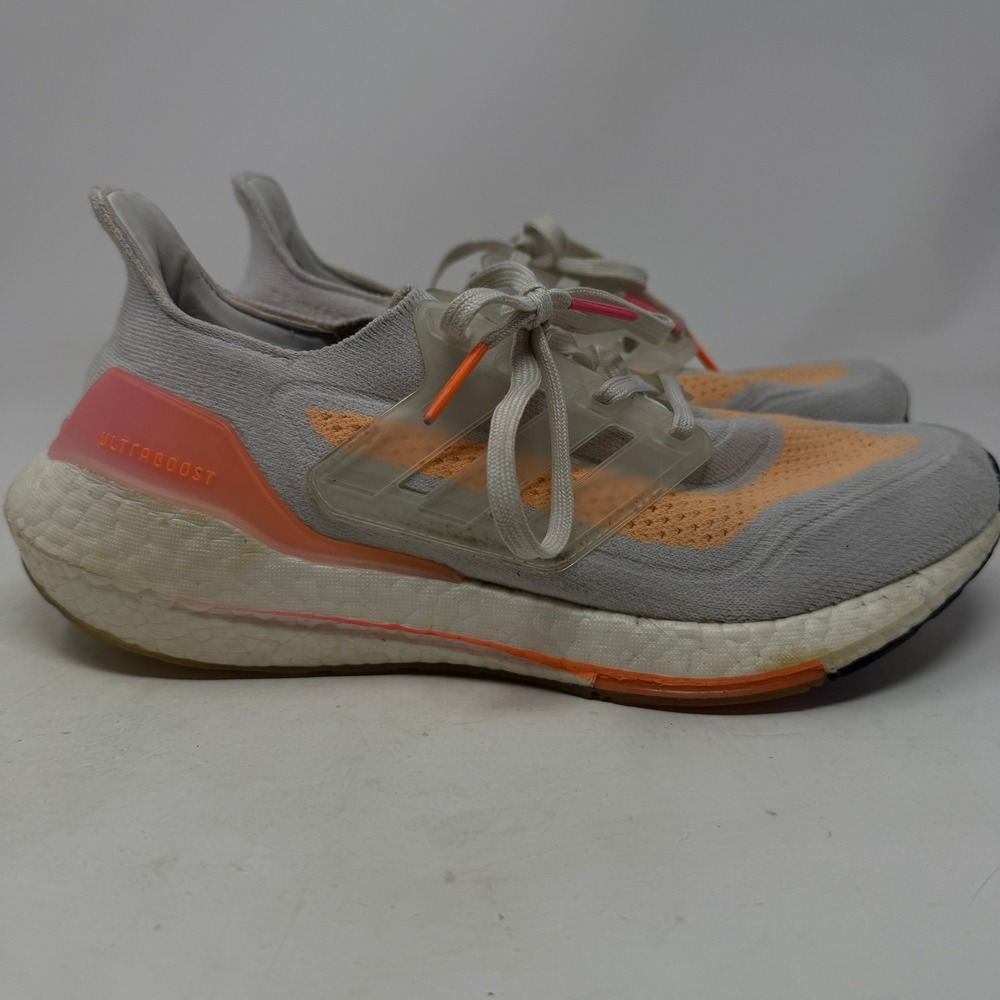 Adidas Running Shoes Womens 8.5 Ultraboost 21 Halo Silver Solar Red FY0400 EUC